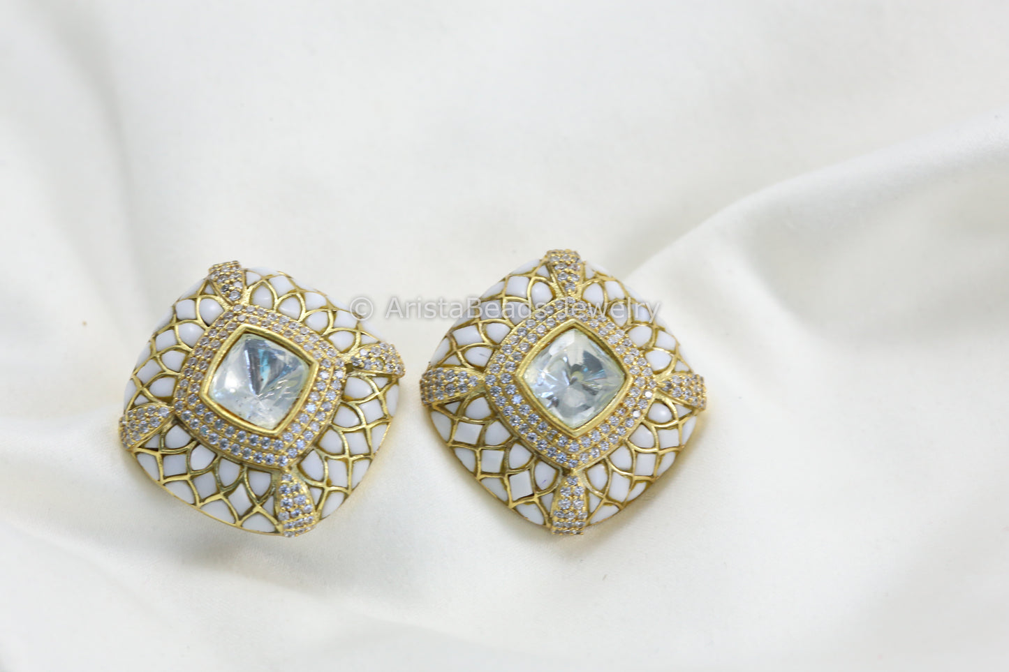 Next To Real Large Moissanite Polki & Jadau Stone Studs - Ivory
