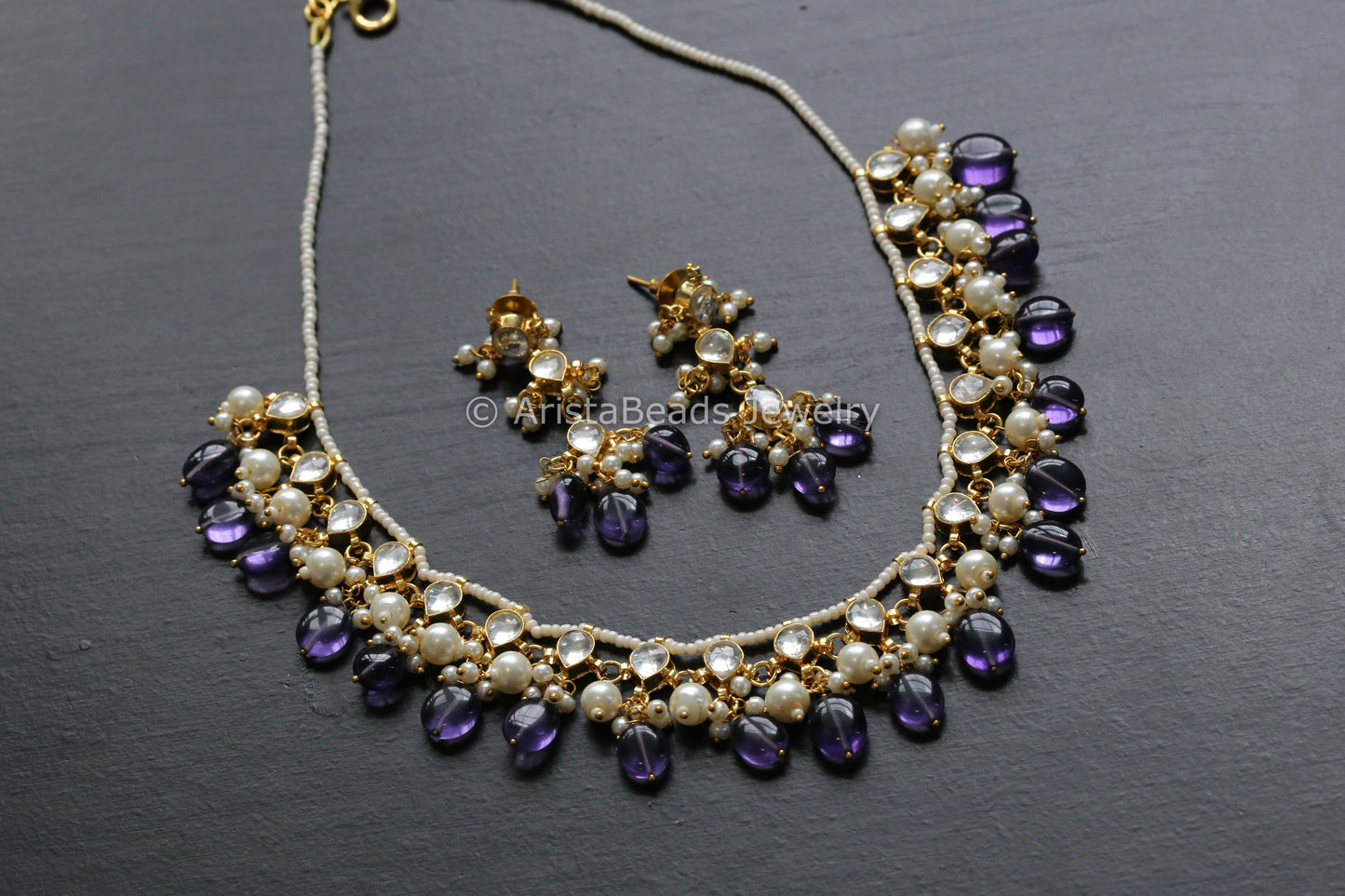 Dainty Pachi Kundan Necklace Set - Purple Drops