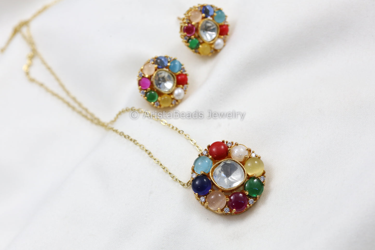 Dainty Uncut Polki Pendant Set -Navratan
