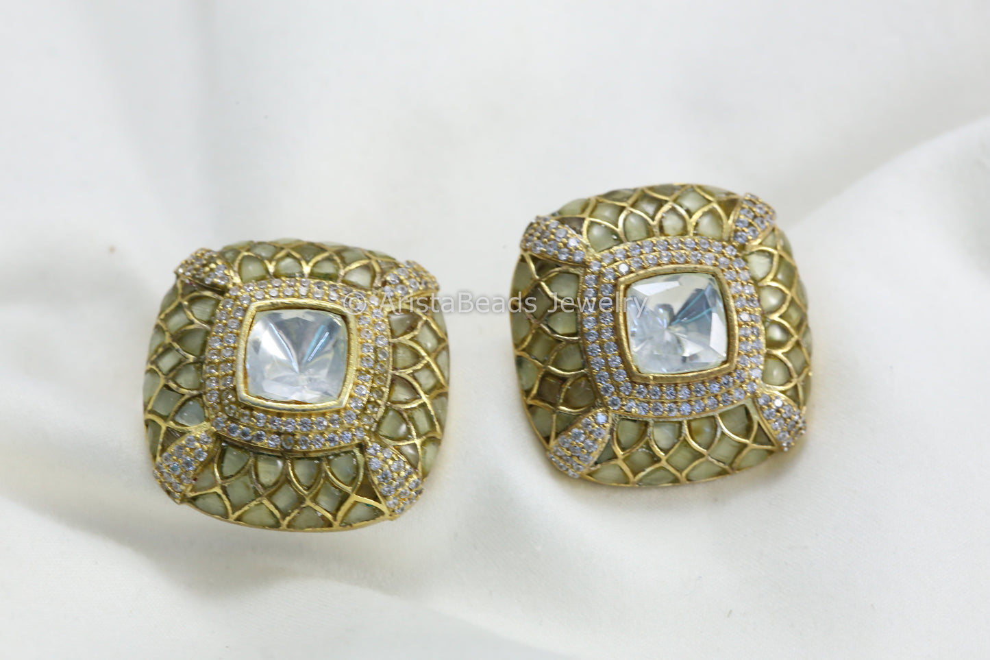 Next To Real Large Moissanite Polki & Jadau Stone Studs - Olive