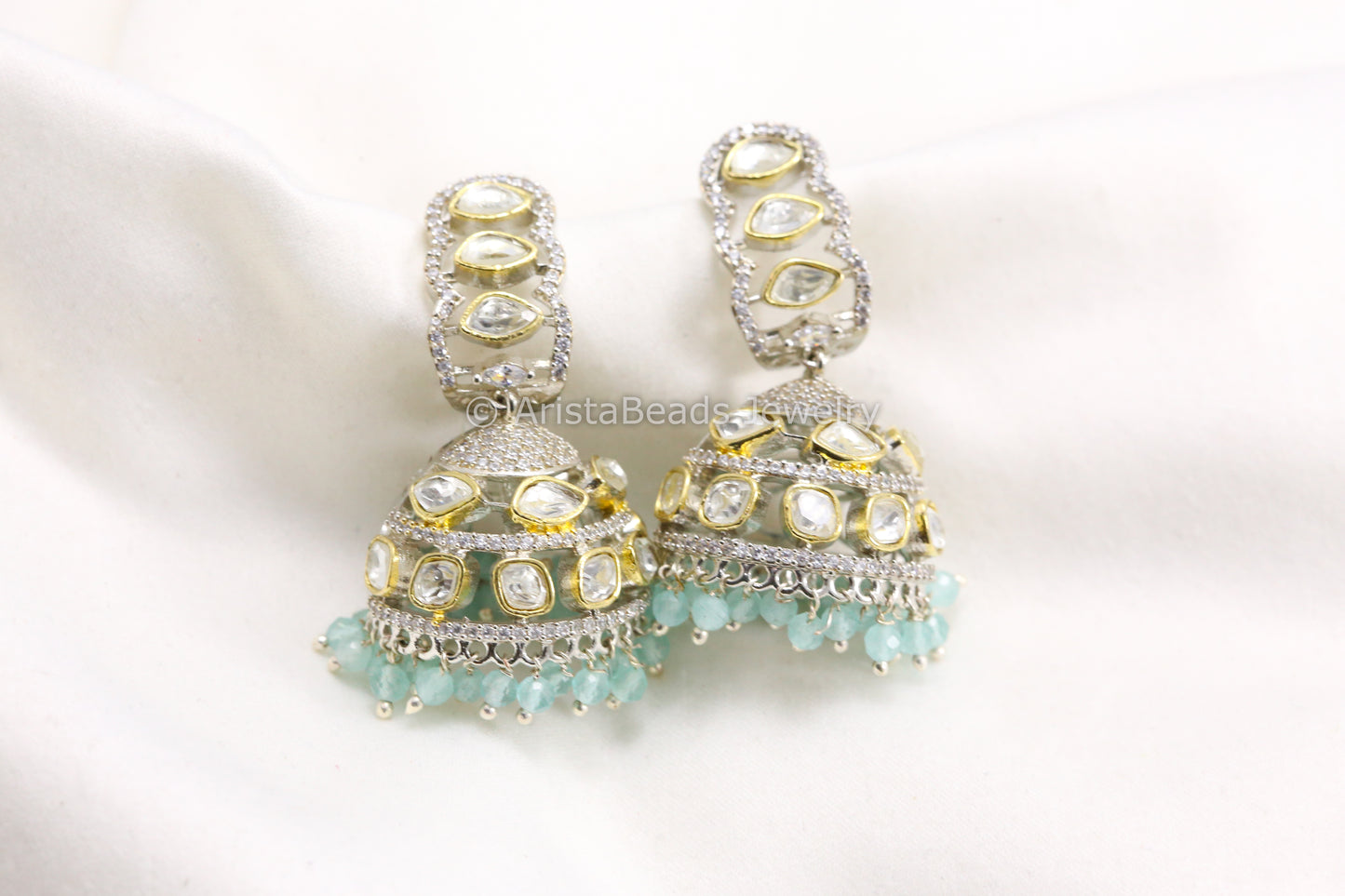 Dual Tone CZ & Uncut Polki Jhumka - Aqua