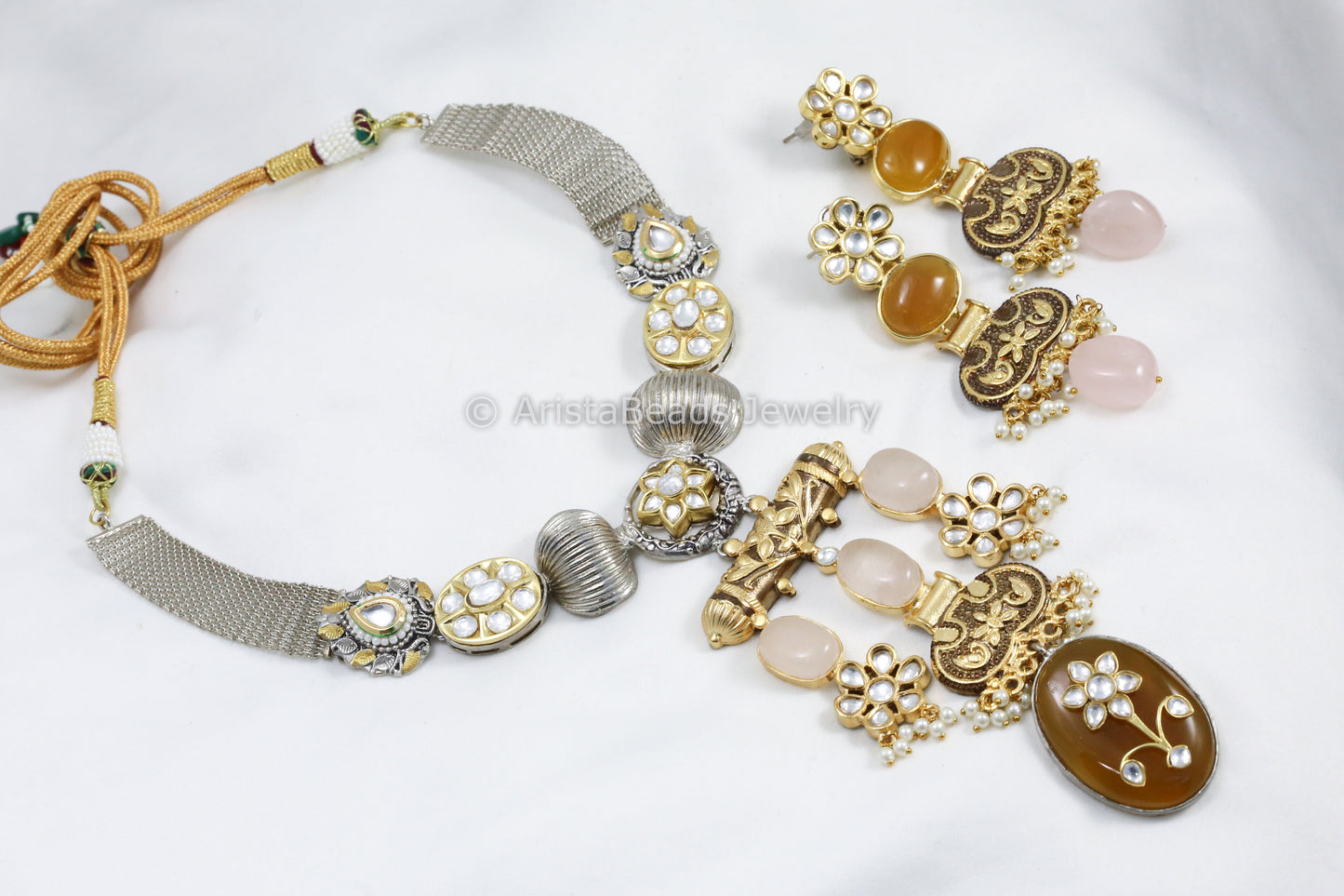 Contemporary Dual Tone Uncut Kundan Set - Rose Quartz