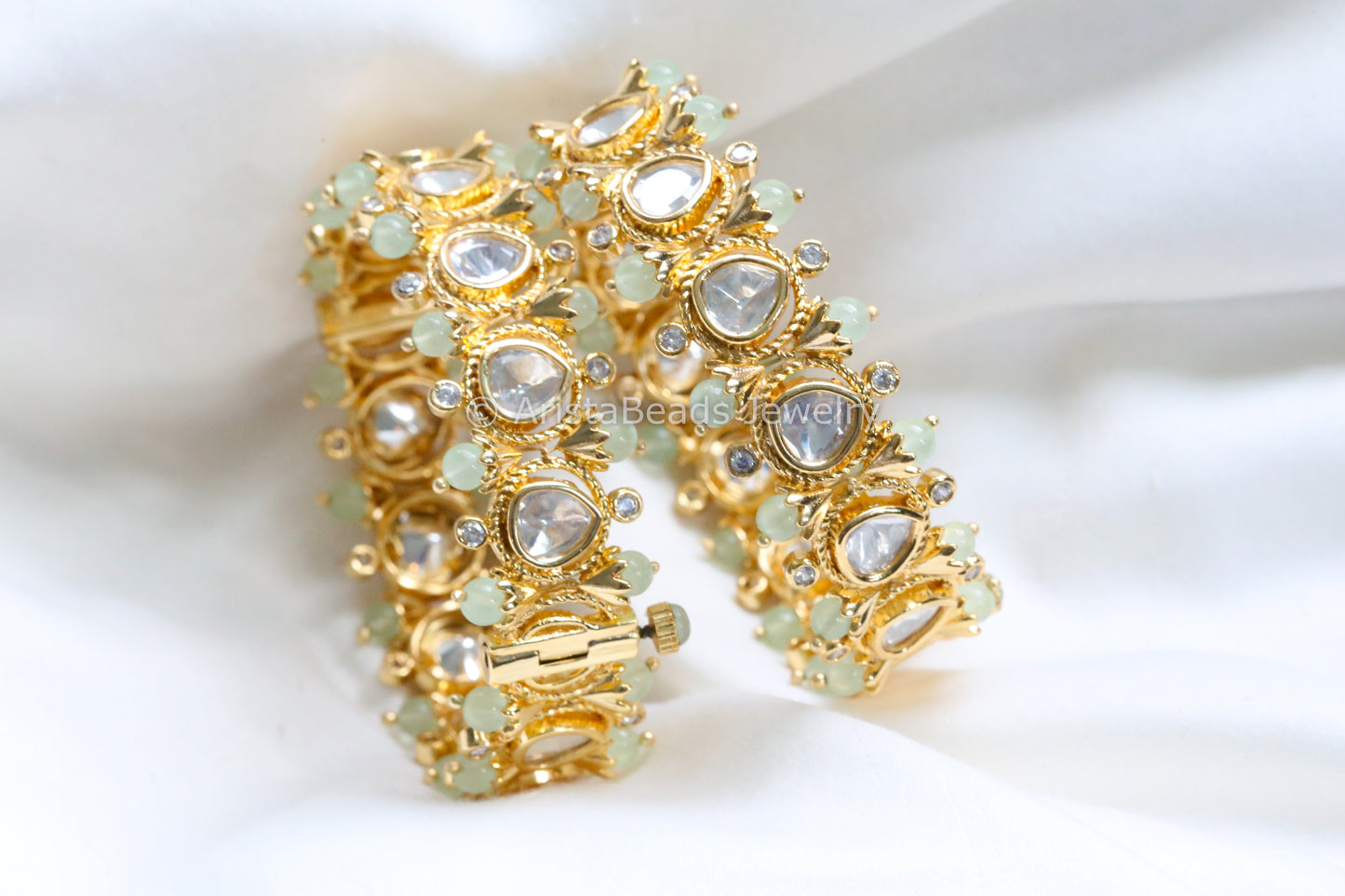 Premium Uncut Polki Kundan Bangle Set - Mint (Openable)