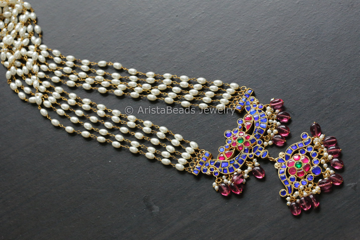 Jadau Kundan Rice Pearl Necklace - Rhodolite  Drops