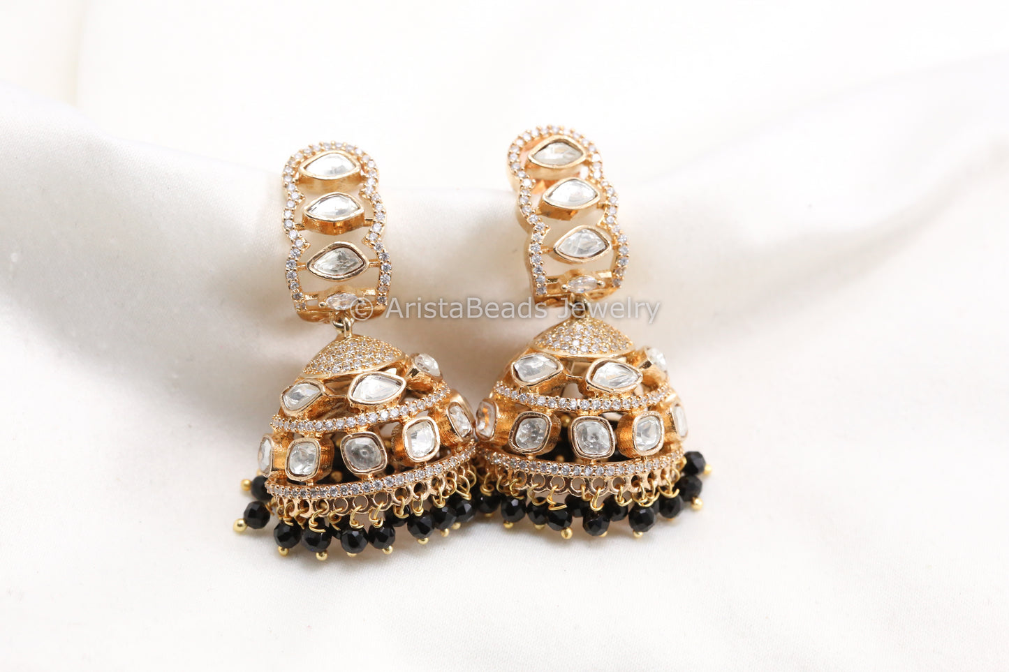Gold CZ & Uncut Polki Jhumka - Black