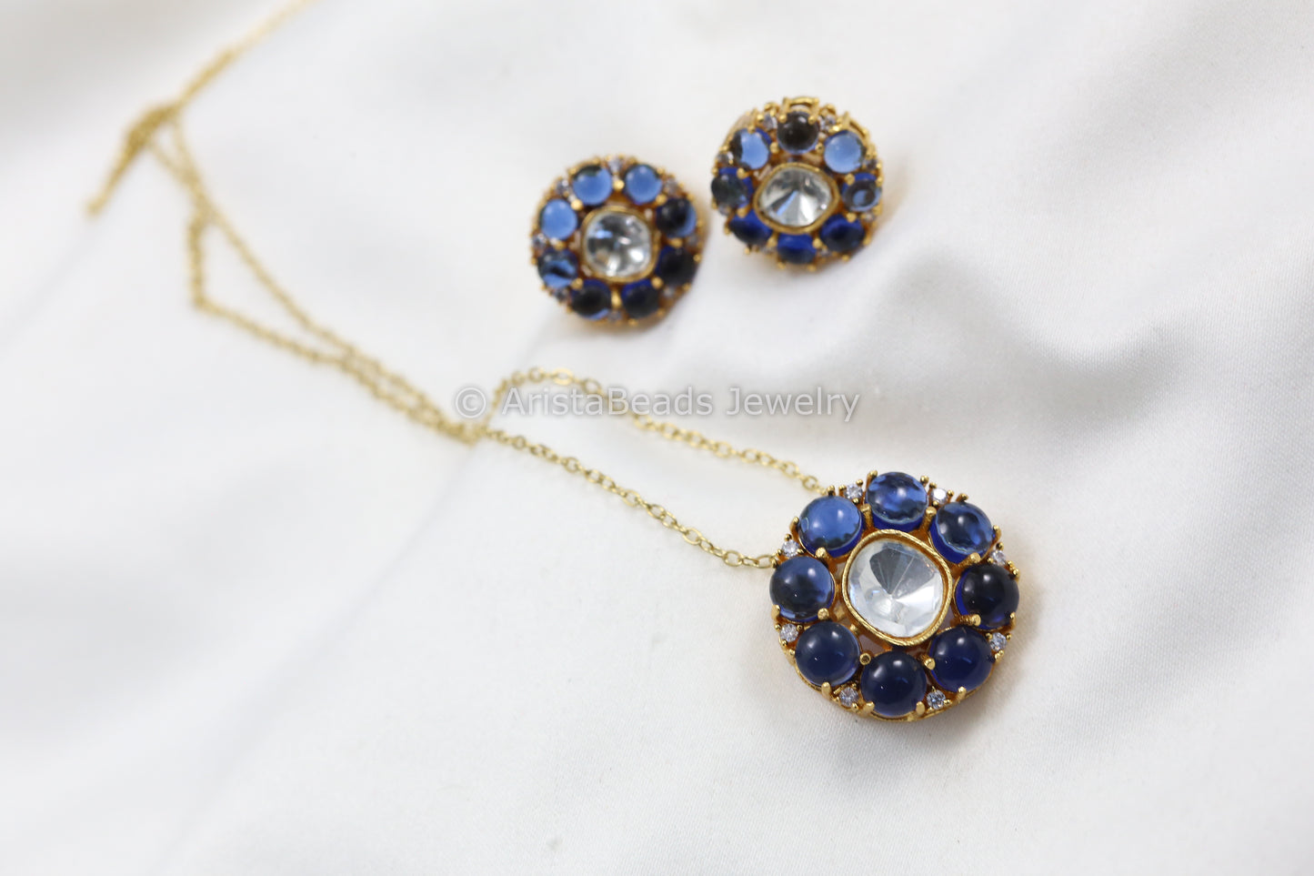 Dainty Uncut Polki Pendant Set - Blue