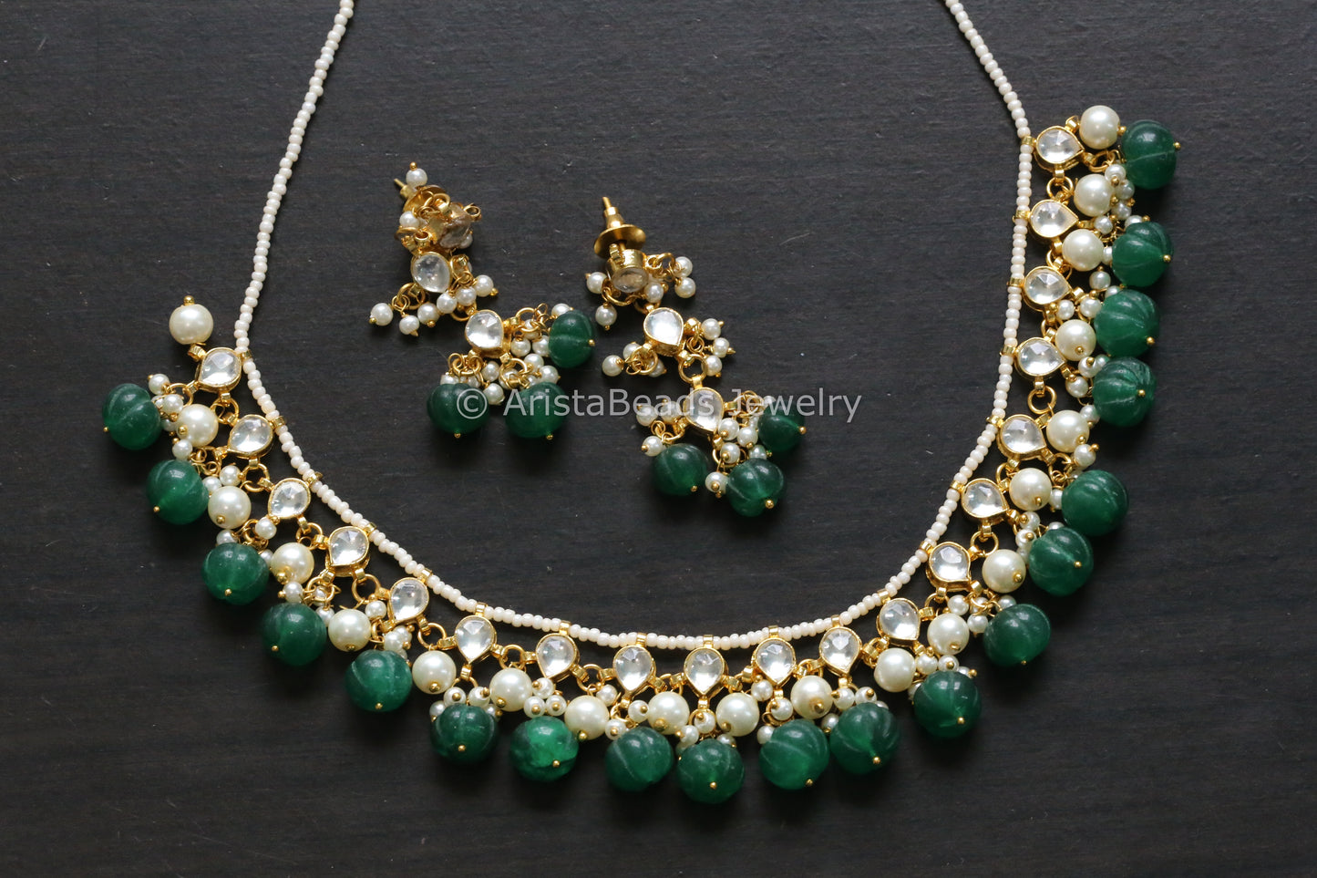 Dainty Clear Pachi Kundan Necklace Set - Green Melon Drops