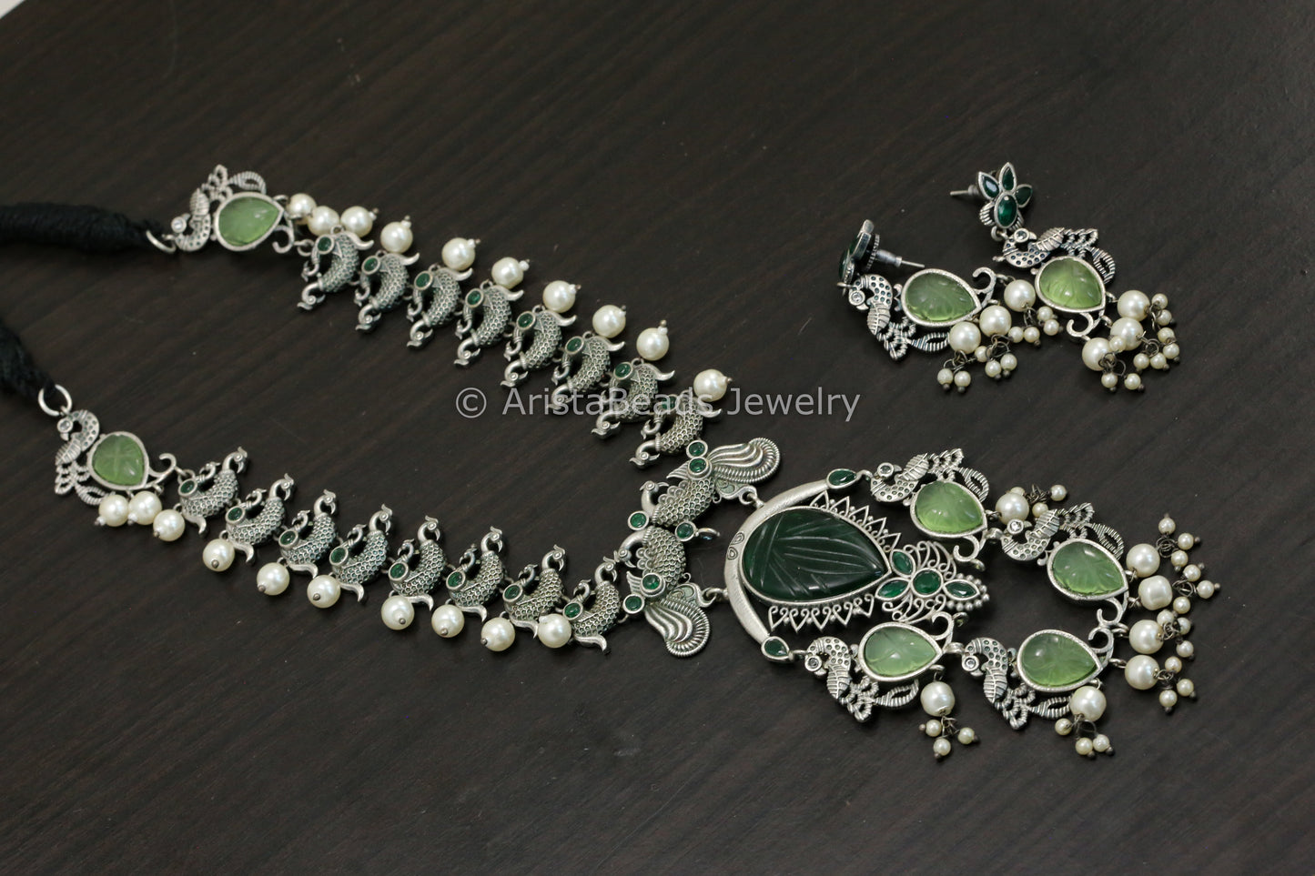 Carved Stone Oxidized Peacock Necklace Set - Green