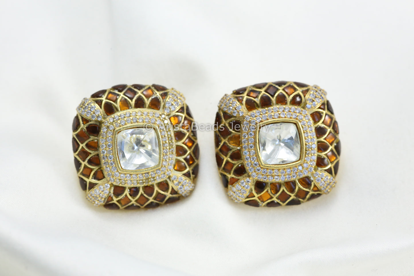 Next To Real Large Moissanite Polki & Jadau Stone Studs - Brown