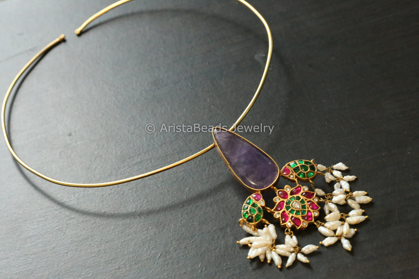 Amethyst Cab & Jadau Hasli Necklace (Adjustable)