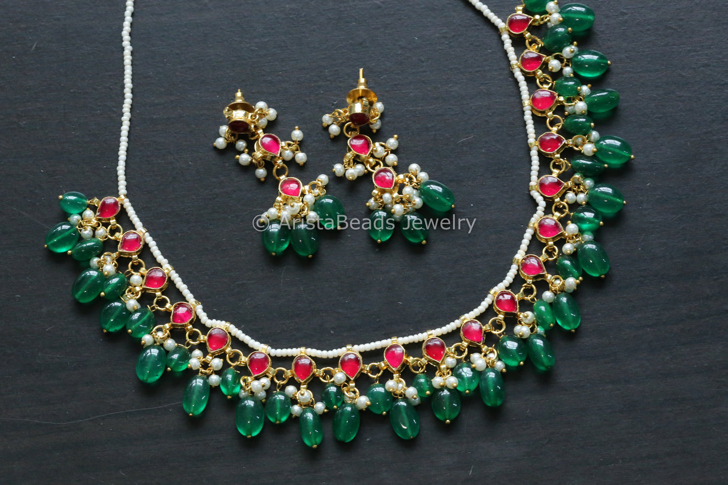 Dainty Ruby Pachi Kundan Necklace Set - Green Drops