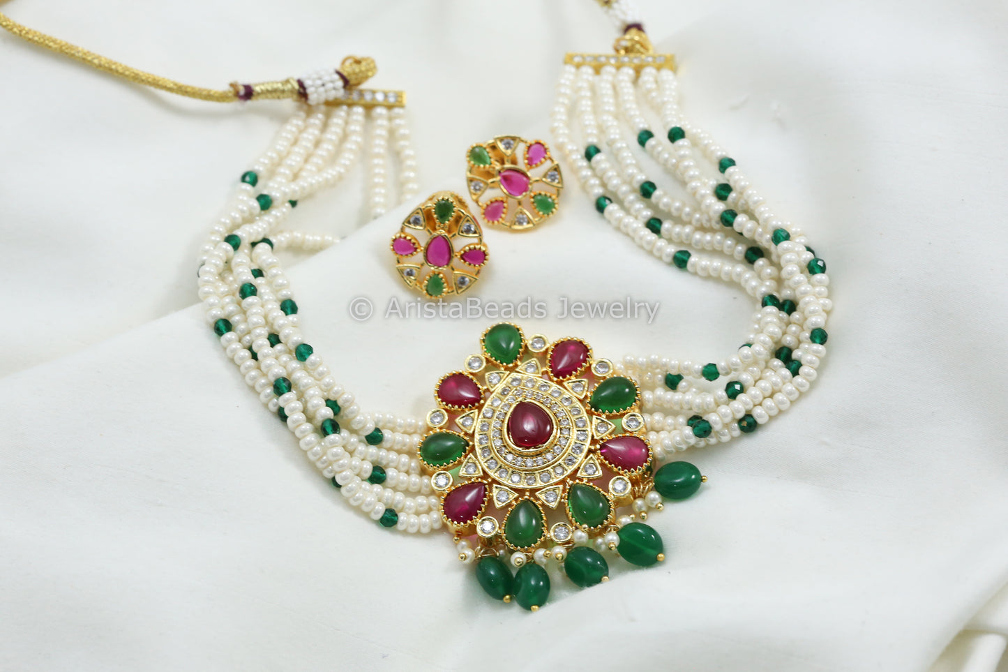 Green Ruby CZ & Kemp Polki Necklace Set