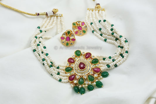 Green Ruby CZ & Kemp Polki Necklace Set