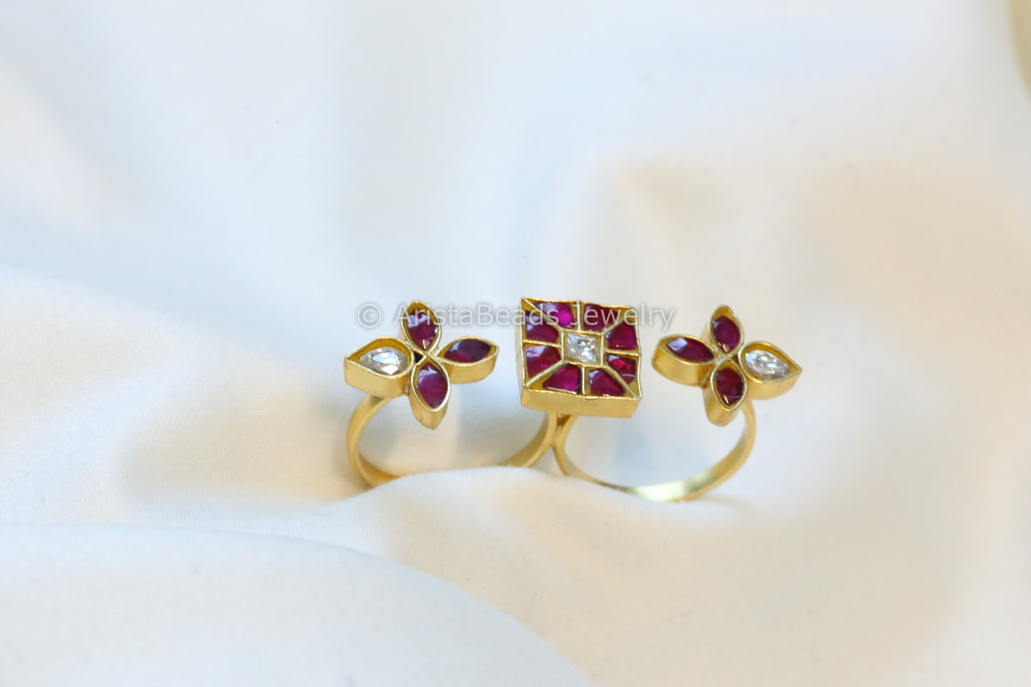 Jadau Kundan Two Finger Bar Ring (Adjustable) -Ruby Clear