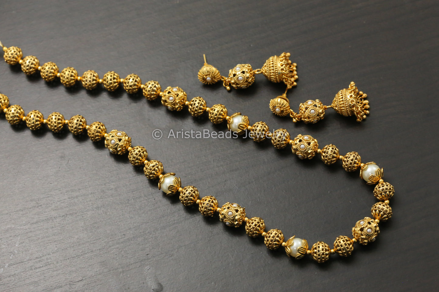 Antique Gold Beaded Mala Set - Pearl