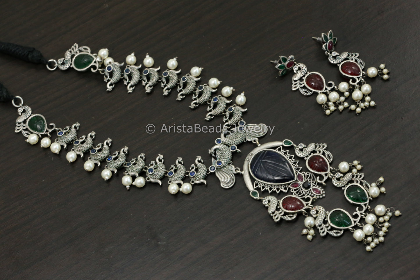 Carved Stone Oxidized Peacock Necklace Set - Multicolor
