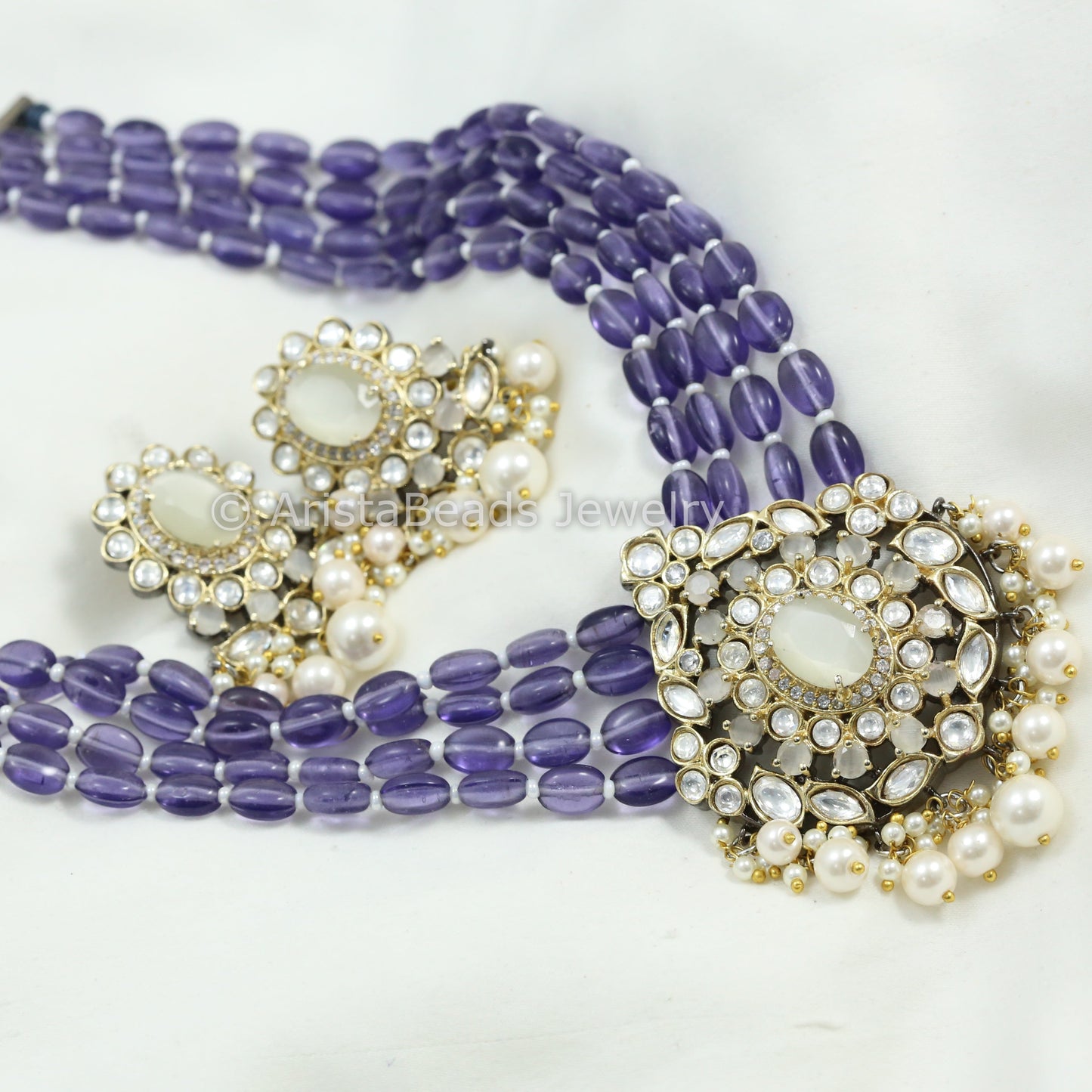 Victorian Uncut Kundan Necklace Set - Purple