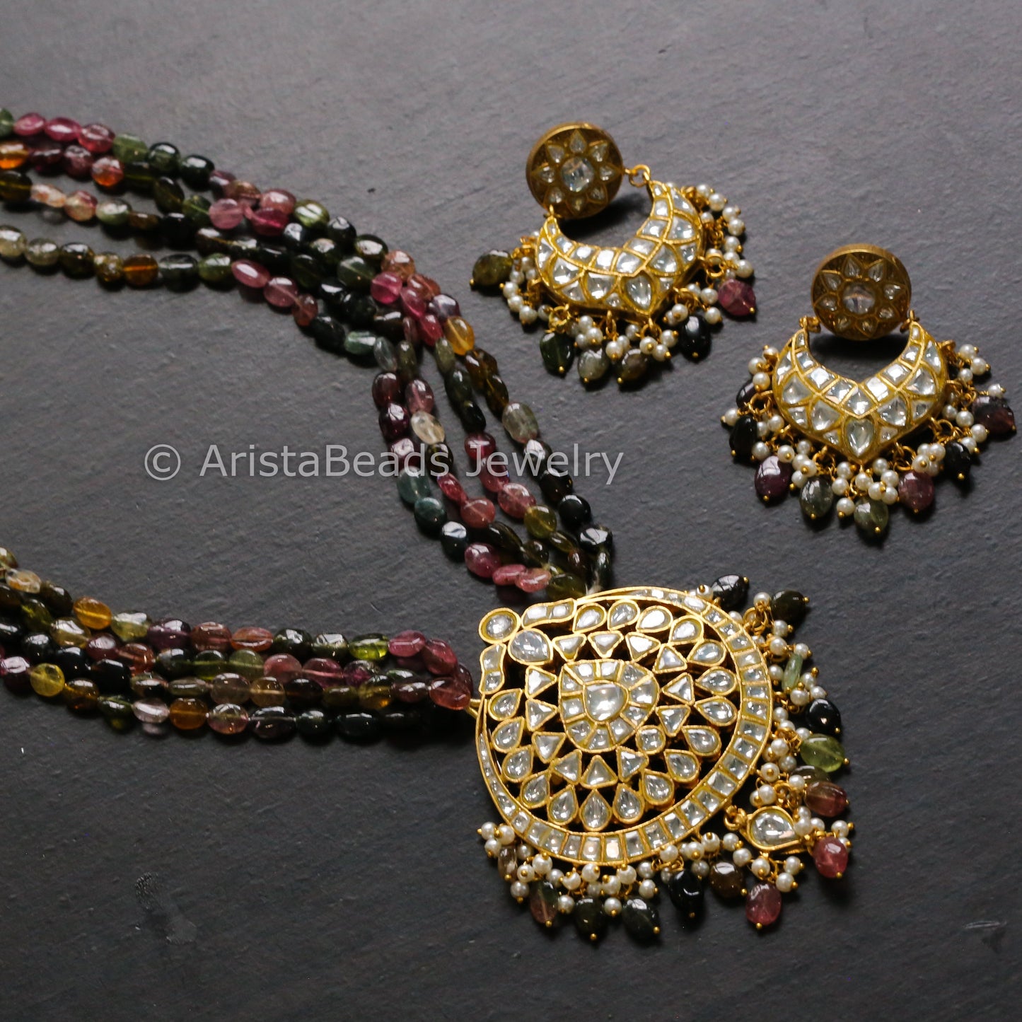 Handmade Real Tourmaline Kundan Jadau Necklace Set
