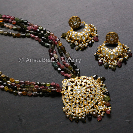 Handmade Real Tourmaline Kundan Jadau Necklace Set