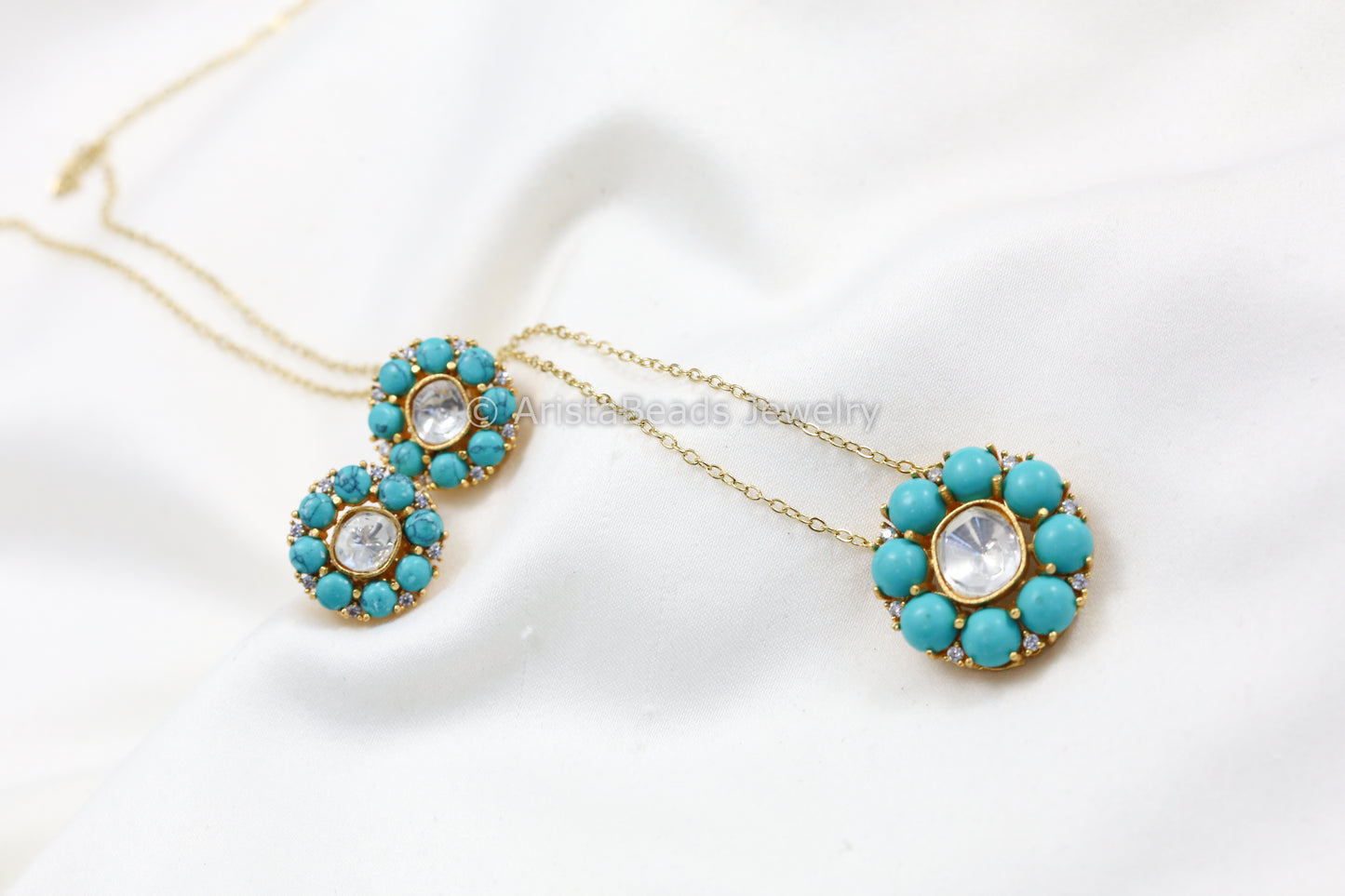 Dainty Uncut Polki Pendant Set - Turquoise