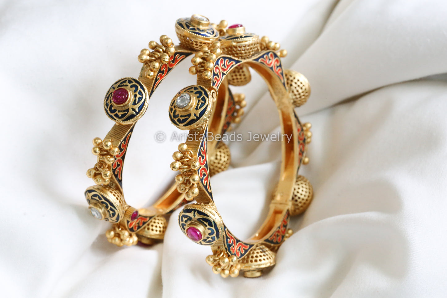 Antique Gold Bangle With Enamel, Kundan & Kemp (2.6, Openable)