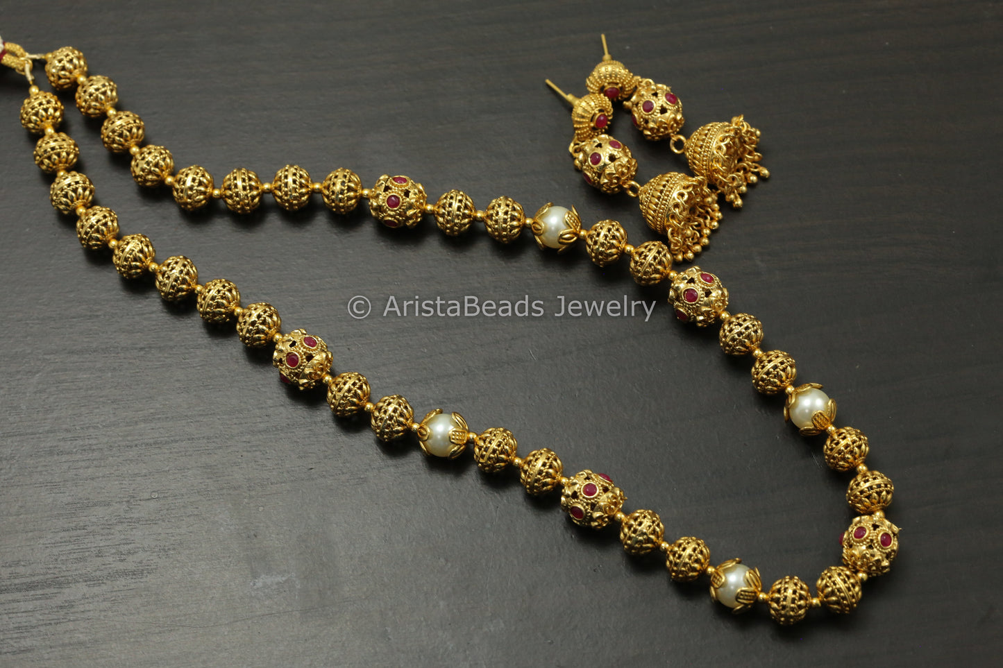 Antique Gold Beaded Mala Set - Ruby