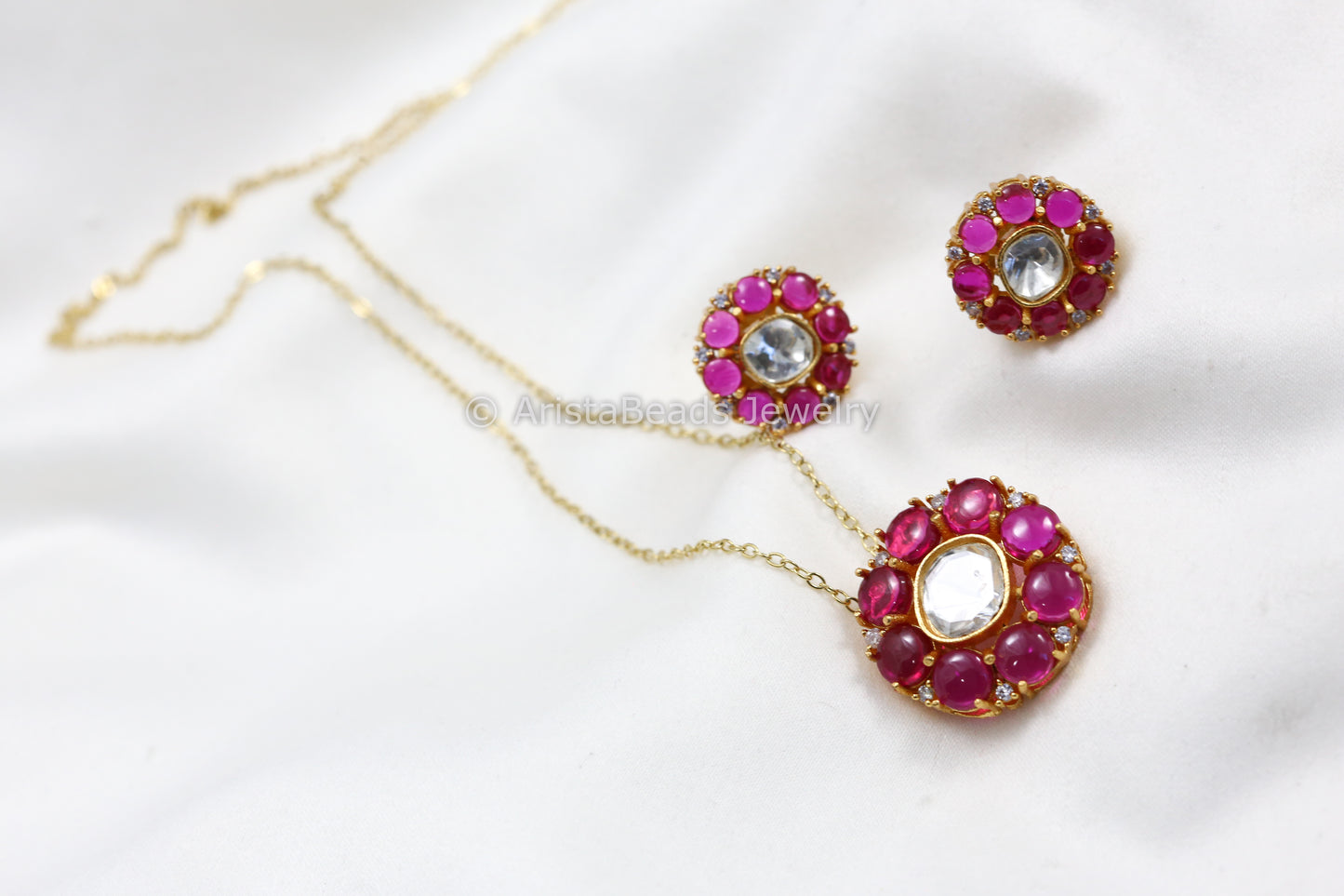 Dainty Uncut Polki Pendant Set - Ruby