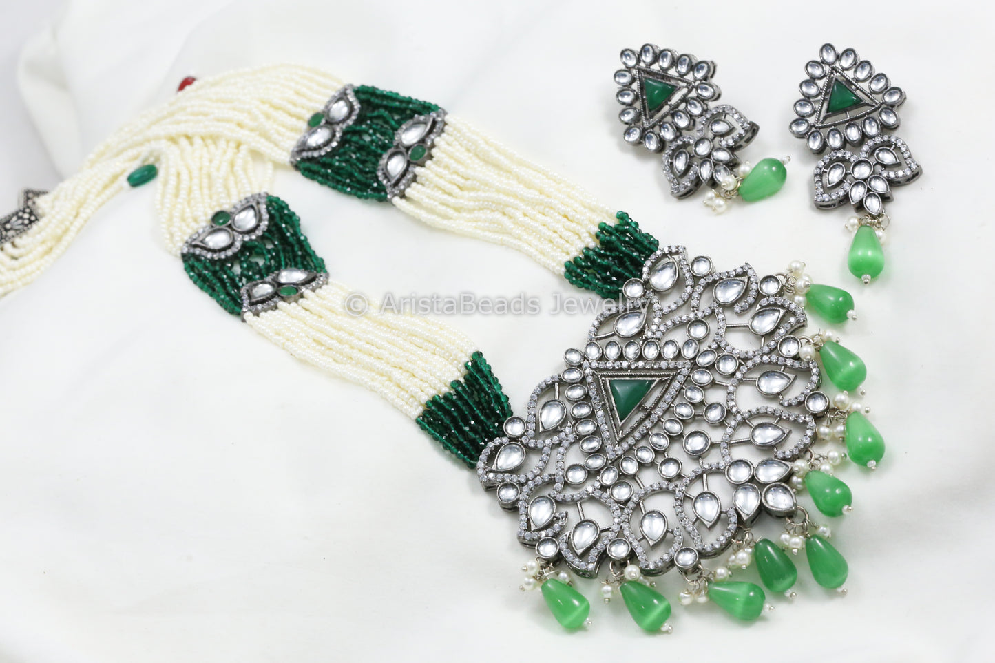 Victorian Beaded Necklace Set - Green