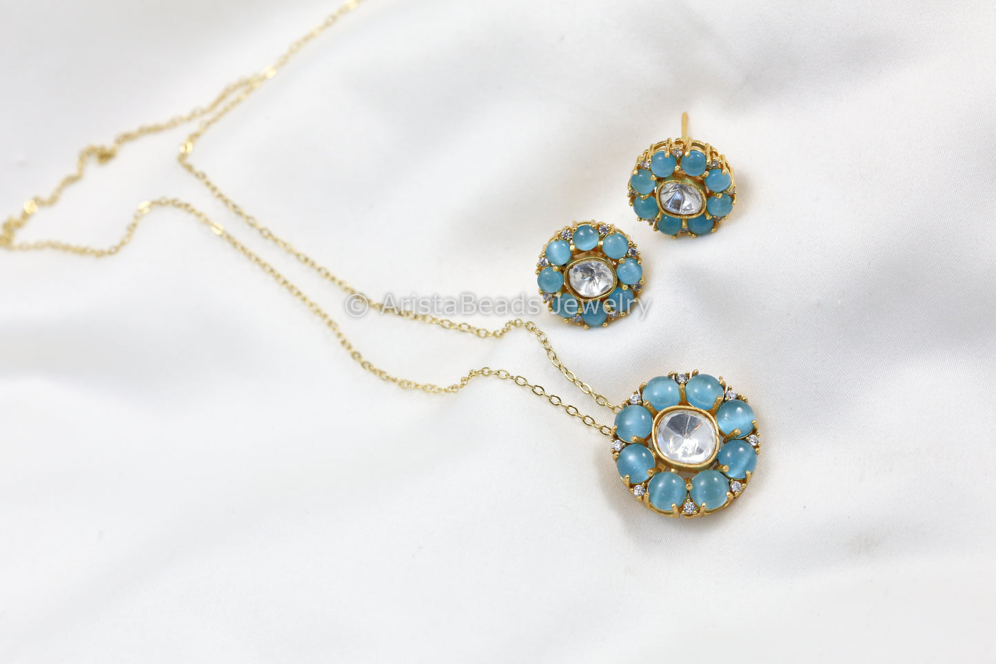 Dainty Uncut Polki Pendant Set -Aqua