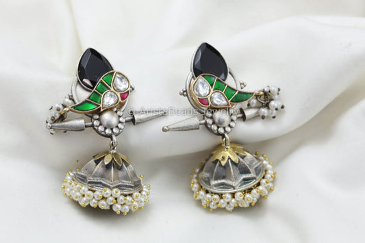 Jadau Kundan Silver Replica Fusion Jhumka - Black Green