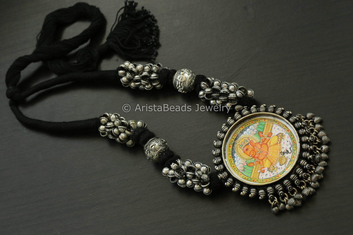Hand Painted Silver Look Necklace - Black Thread