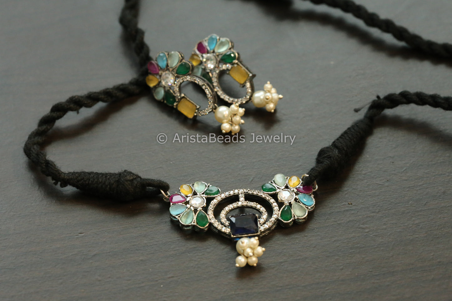 Dainty Navratan Oxidized Choker Set