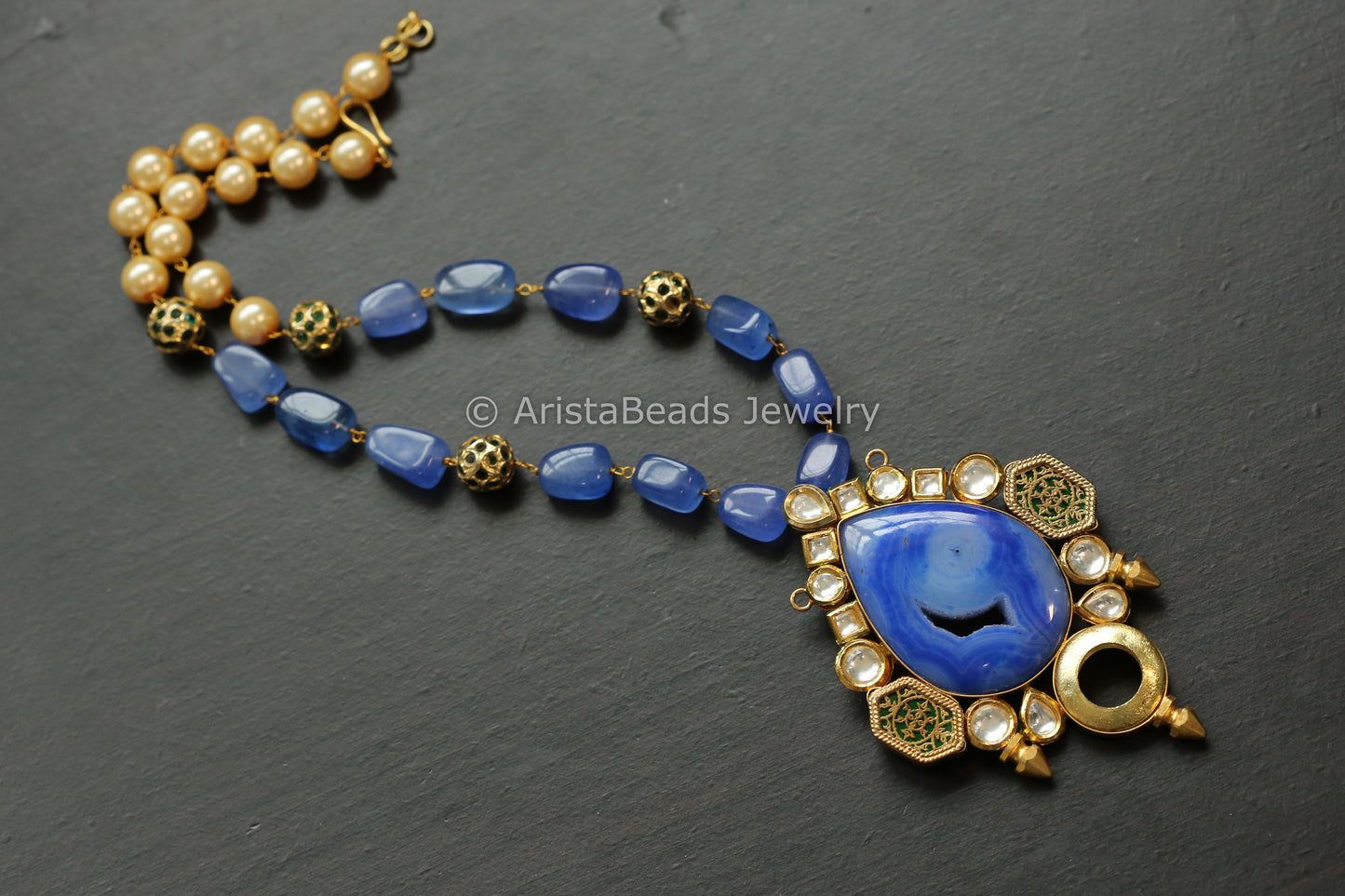 Kundan and Blue Agate Slice Necklace