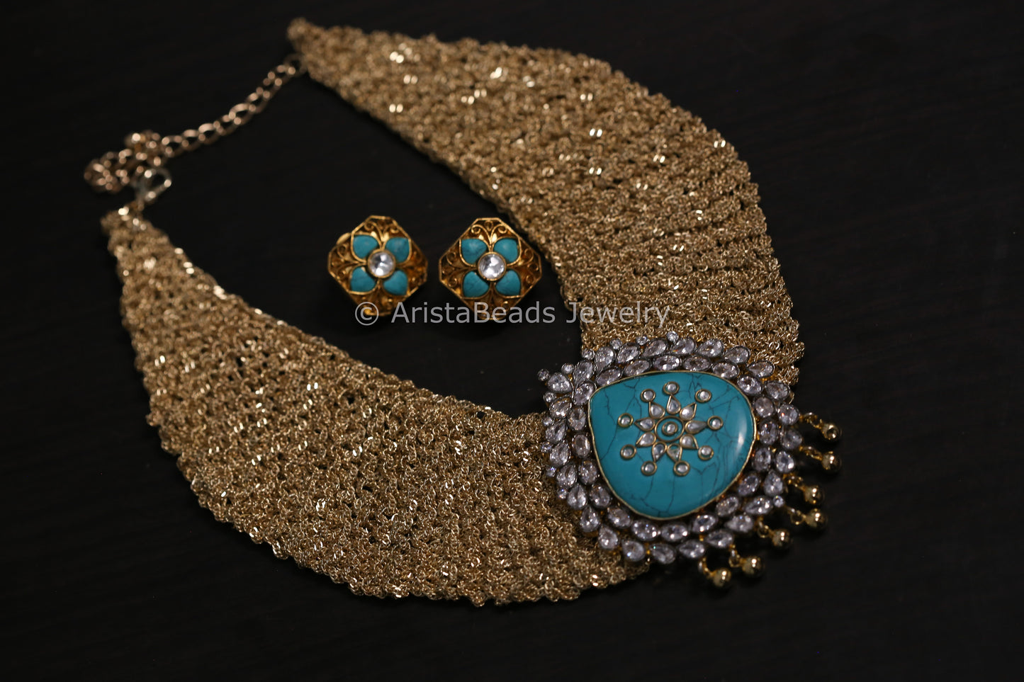 Turquoise Polki & Kundan Wire Mesh Chain Necklace Set