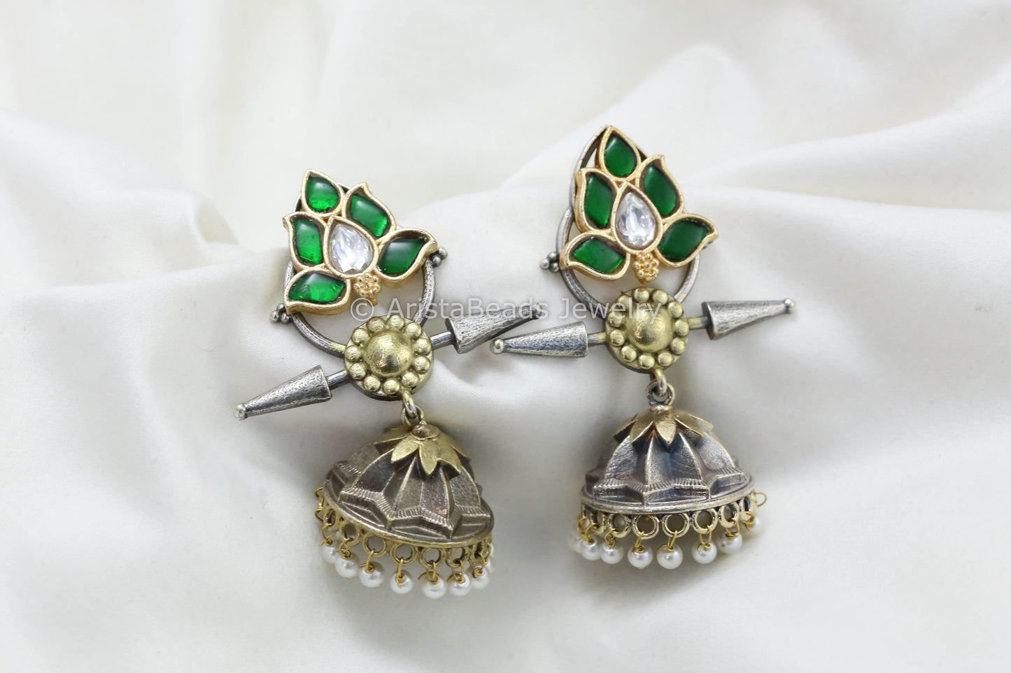 Jadau Kundan Silver Look Fusion Jhumka -Green