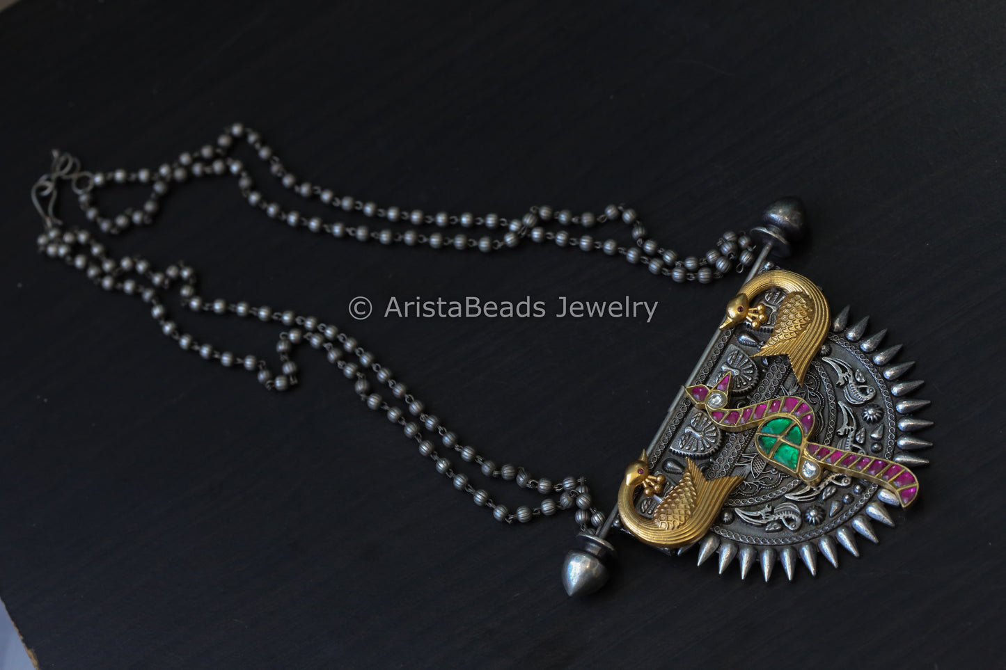 Silver Look Alike Necklace With Jadau Peacock Motif