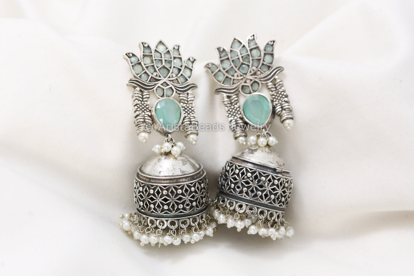 Silver Look Lotus Jhumka - Mint