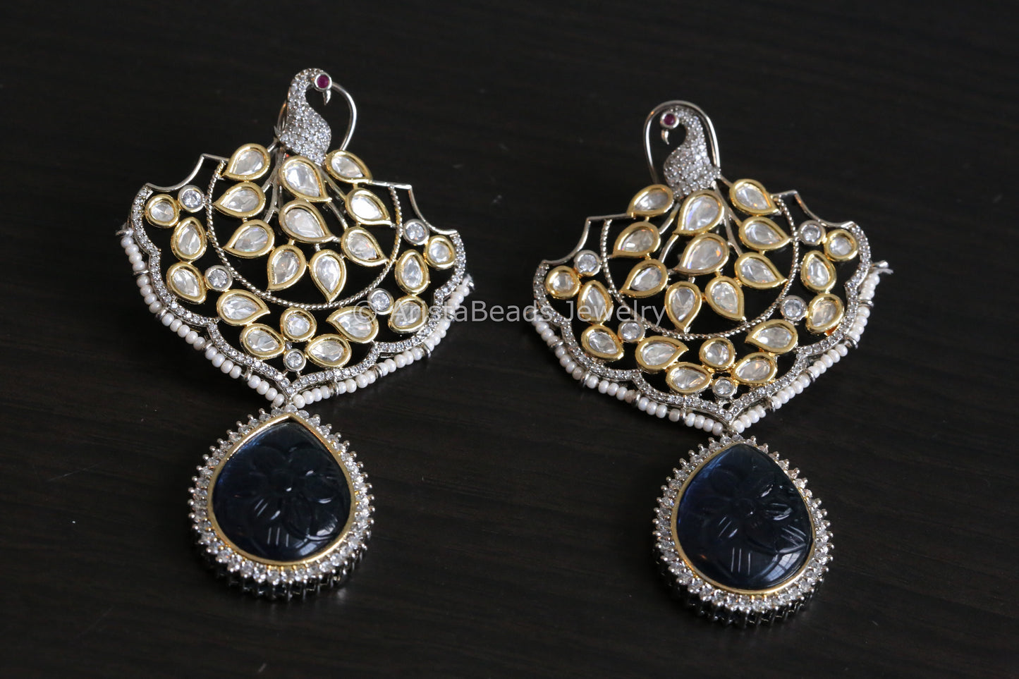 Extra Large Uncut Polki Earrings - Blue Carved Stone