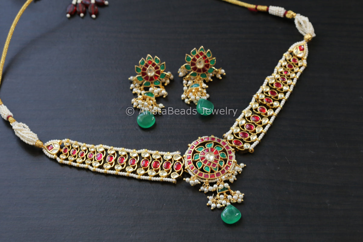 Real Gold Look Alike Jadau Kundan Necklace Set