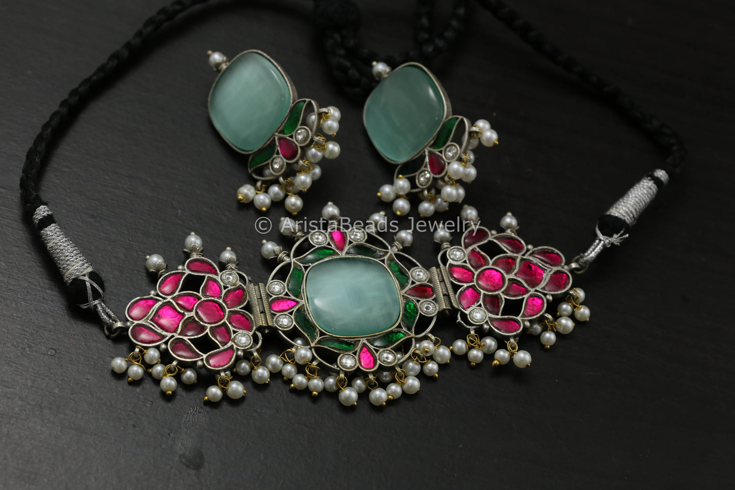 Silver Finish Jadau Choker Set - Mint