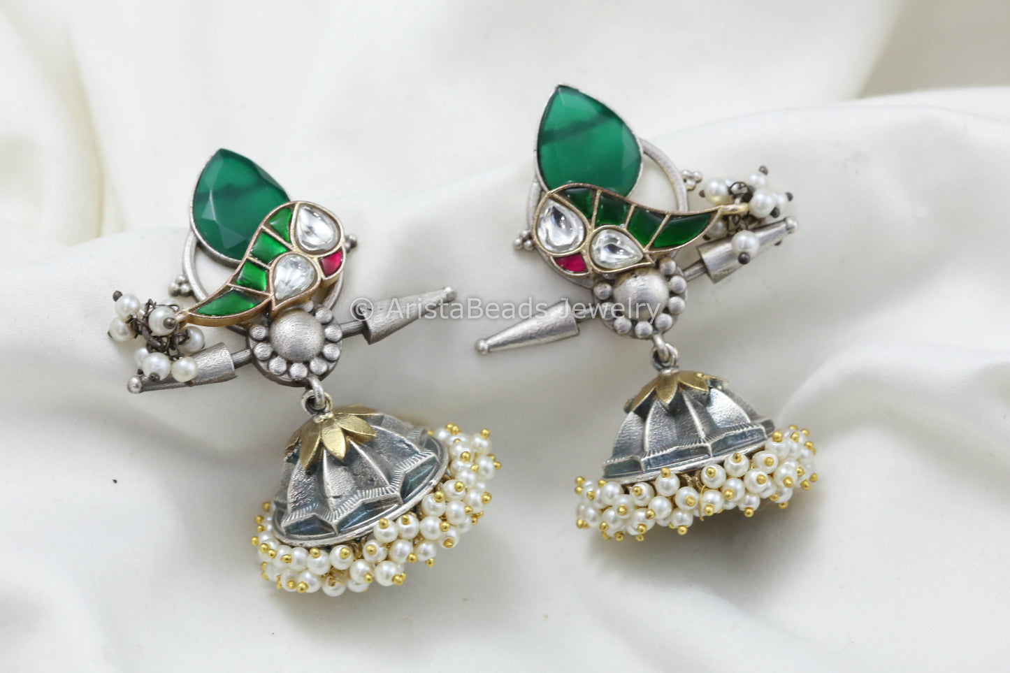 Jadau Kundan Silver Replica Fusion Jhumka - Green