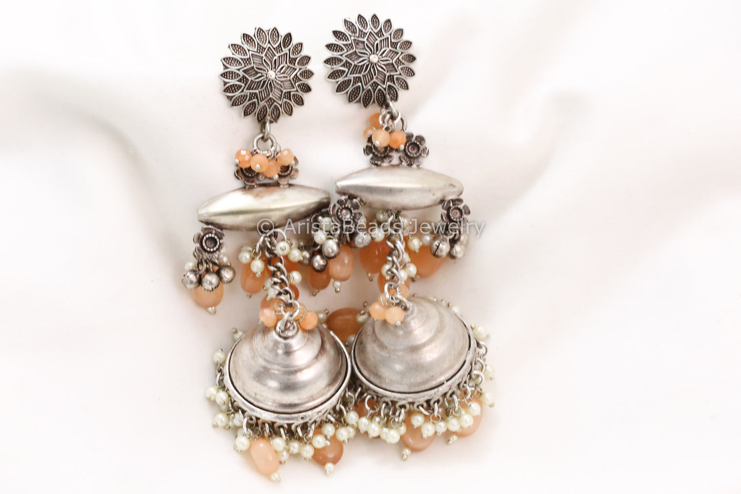 Long 925 Silver Polish Jhumka - Orange