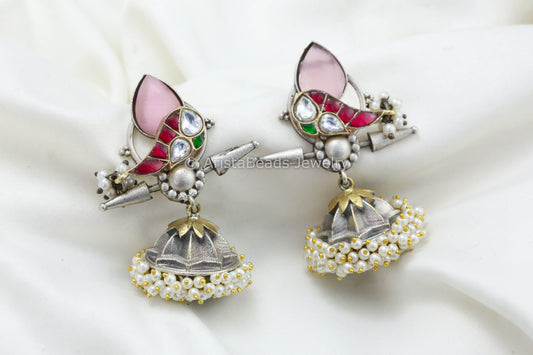 Jadau Kundan Silver Replica Fusion Jhumka -Pink