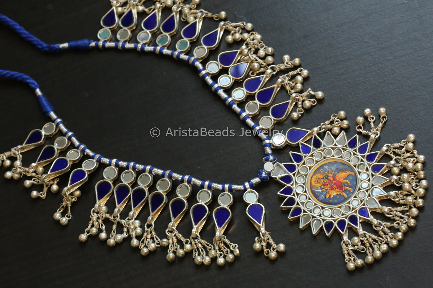 Darpan Oxidized Real Glass Long Necklace- Clear & Blue