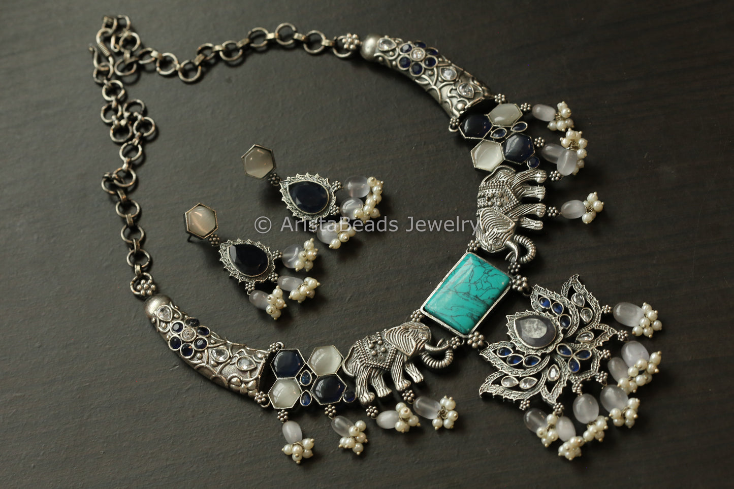 Elephant Lotus Hasli Necklace Set - Turquoise