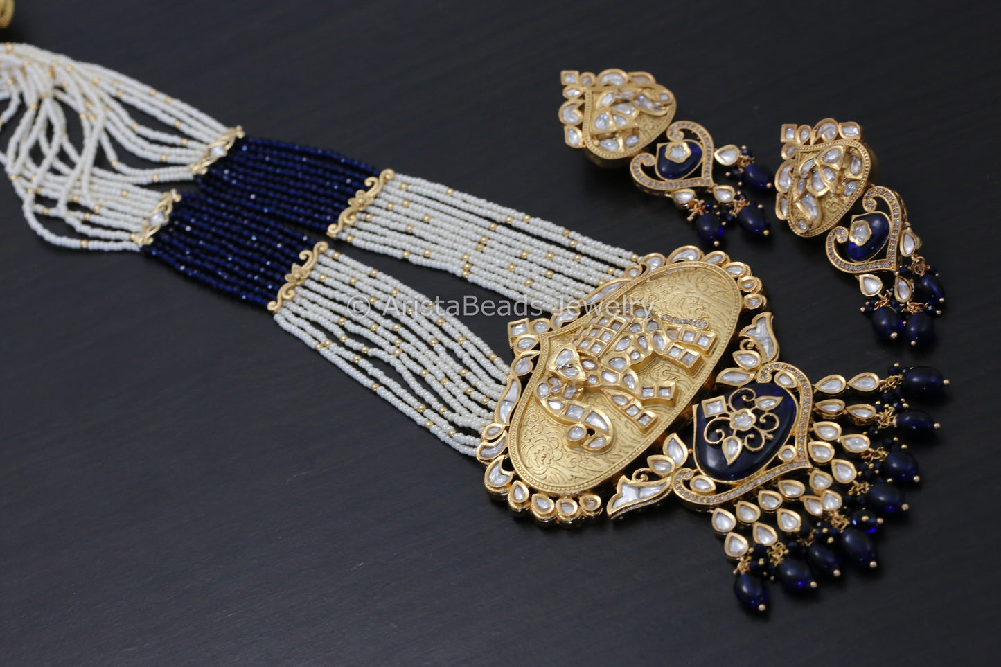 Uncut Kundan Matt Gold Elephant Set - Blue