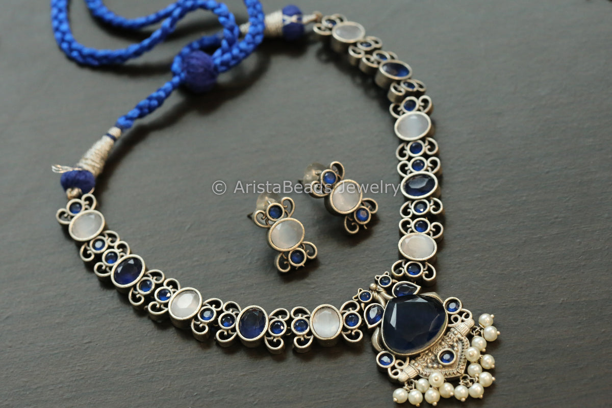 Oxidized Monalisa Necklace Set - Blue & Gray