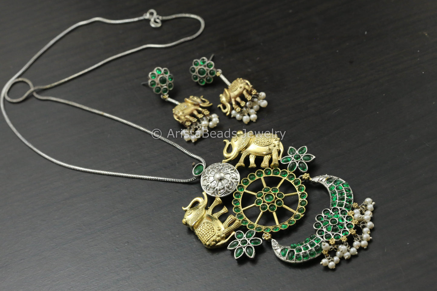 Dual Tone Silver Replica Necklace - Green