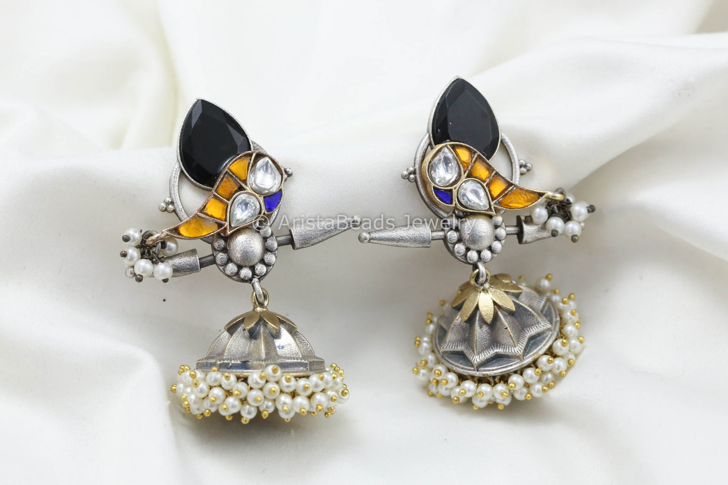 Jadau Kundan Silver Replica Fusion Jhumka -Black Yellow