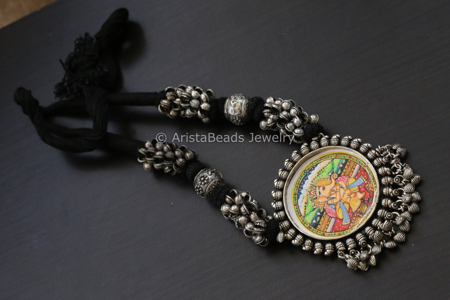 Hand Painted Silver Look Necklace - Black Thread